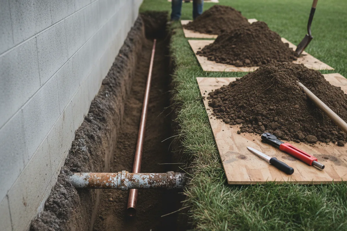Excavated water line trench during Water Heater Repair in Sandy Level